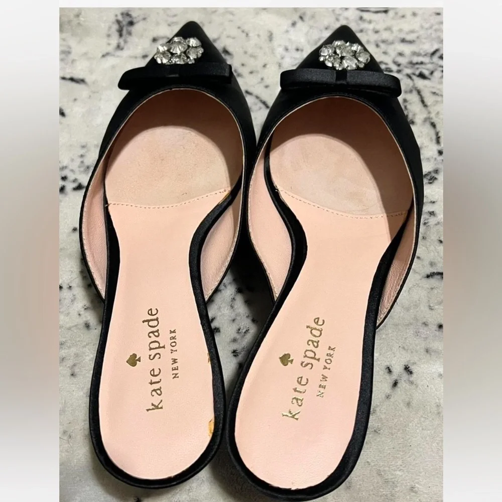 Kate Spade Darlene Black Satin Jewelled Bow Kitten Heel Slide Mules 8.0 -Defaced